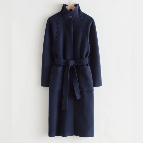 & OTHER STORIES Manteco Relaxed Belted Wool Coat Navy Size US 10 Rare Find! - Picture 1 of 15